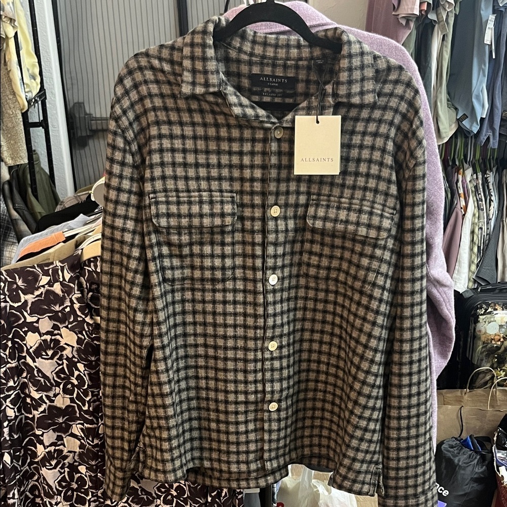 All Saints Alkame Black and Brown Checkered Wool Blend Shirt Jacket